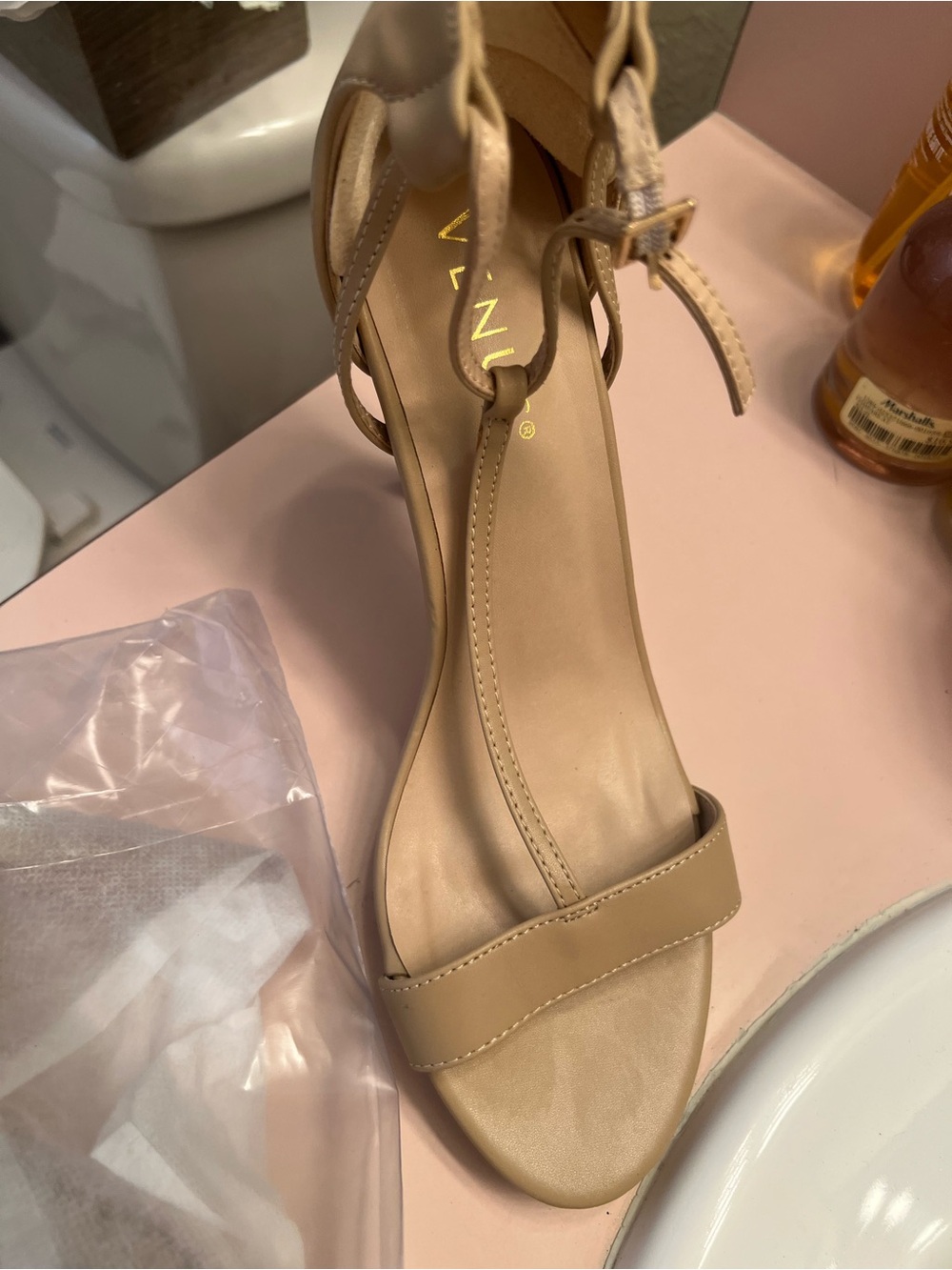 VENUS Nude T-Strap Ankle Strap Heels